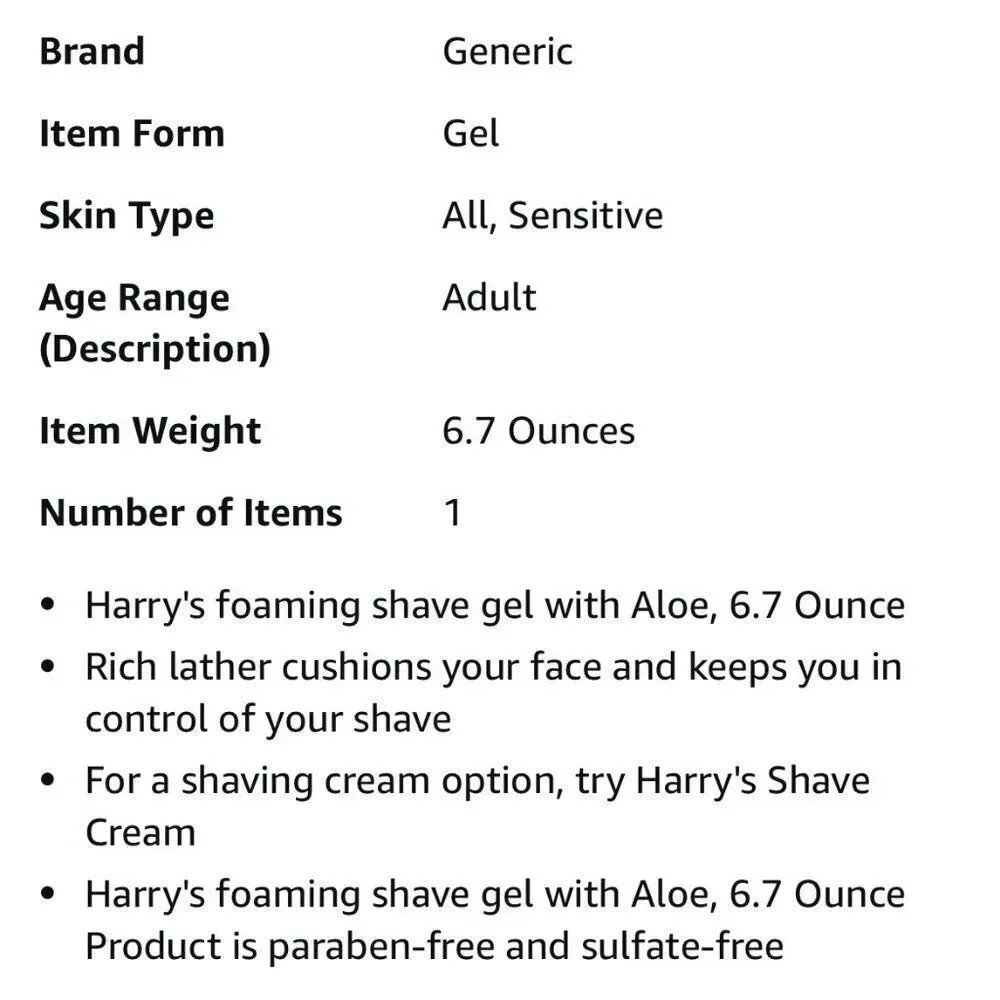 NEW Harry's Foaming Shave Gel with Aloe 6.7oz